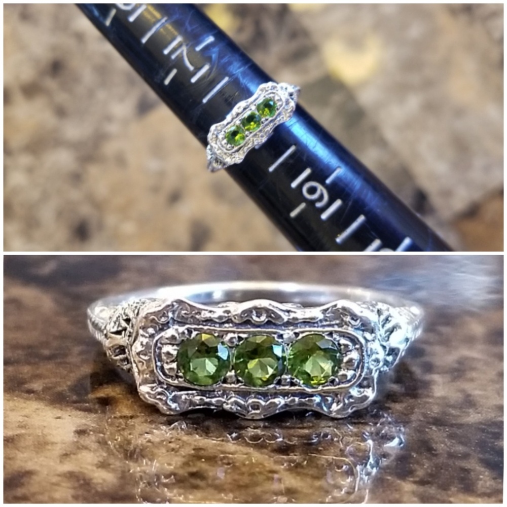 Genuine 1ct 3 gem Peridot Filigree Ring Size 8 - Picture 6 of 6